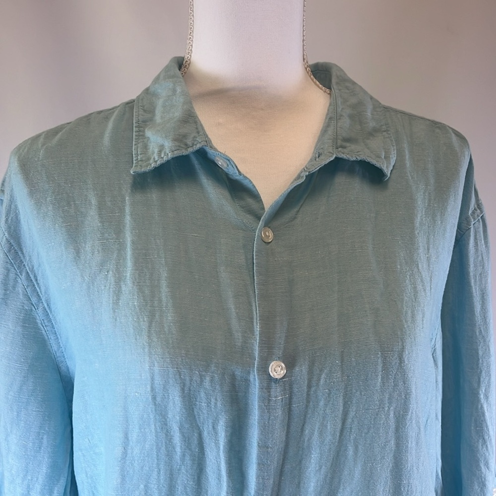 Perry Ellis Linen-Cotton Blend Button-Down Aqua Sea Blue Roll-Sleeve Shirt Sz XL - Picture 2 of 6